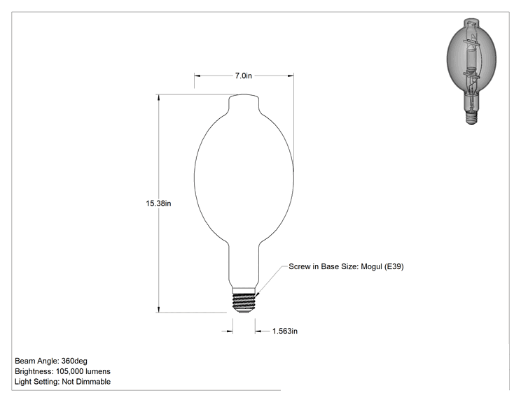 Teknik Çizim - Metal Halide Ampul, BT56 Üflemeli Boru, E39 Mogul Tabanı, 1000W, 4000K