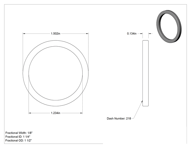 Teknik Çizim - Kare Profilli Yağa Dayanıklı Buna-N O-Ring, 1/8 Kesirli Genişlik, Dash Numara 218
