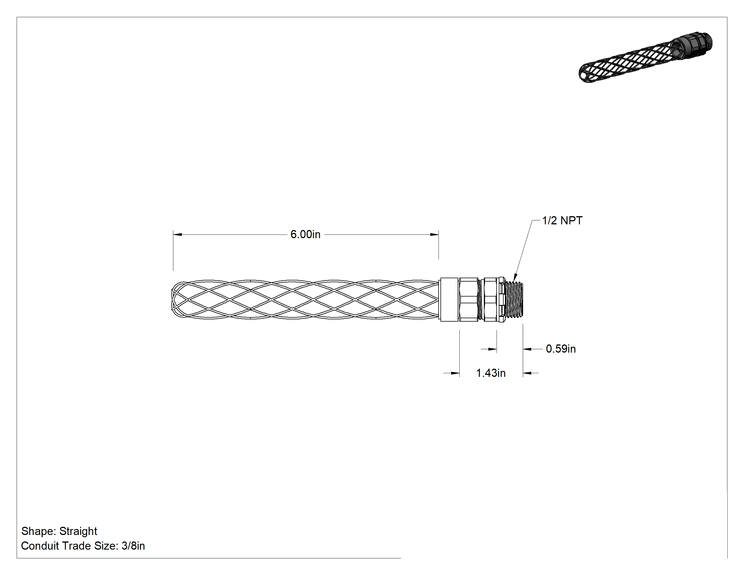 Teknik Çizim - Sıvı Sızdırmaz Esnek Metal Kanal Adaptörü, Tutma yerili, Düz, 3/8 Anma Ölçüsü Dişi x 1/2 NPT Erkek