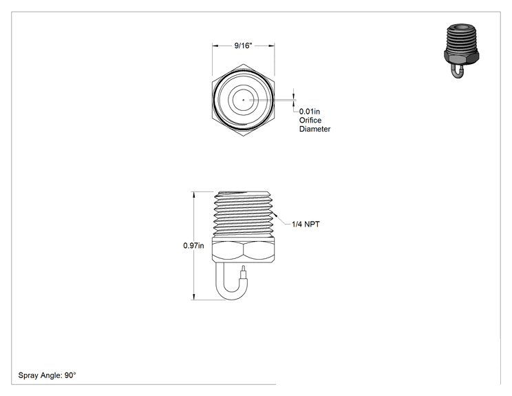 Teknik Çizim - 303 Paslanmaz Çelik Sisleme Nozulu, 1/4 NPT Erkek, 40 PSI'da 1.02 gph