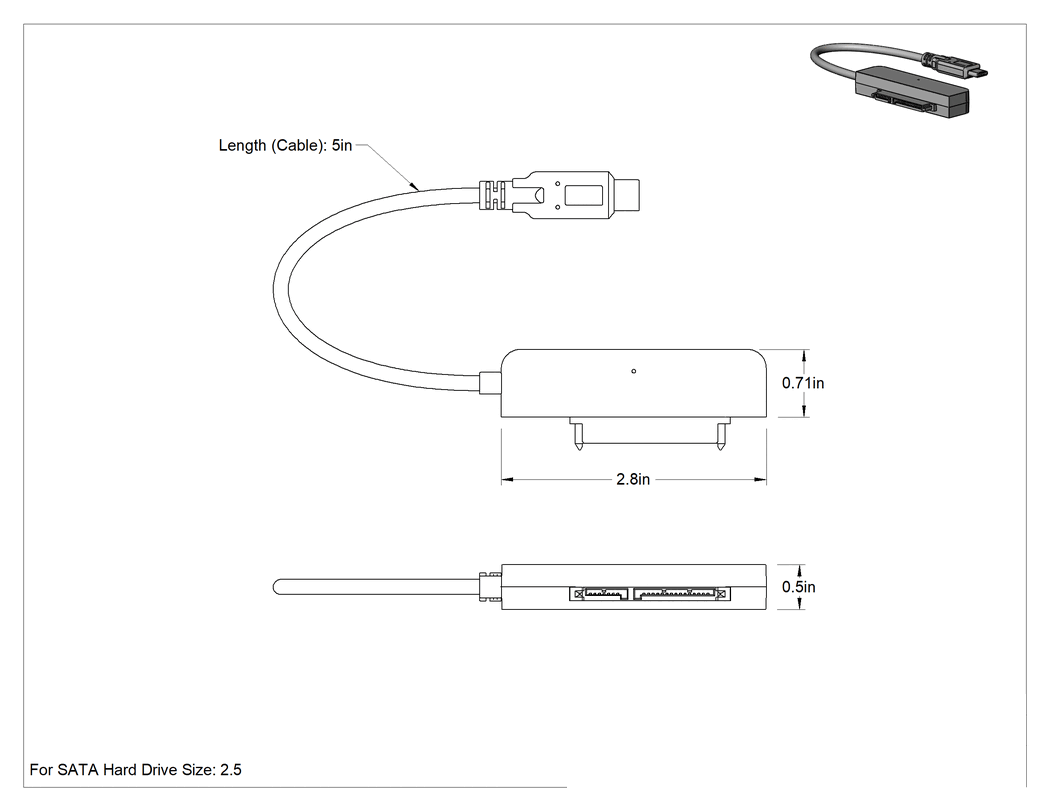 Teknik Çizim - USB Adaptör Kablosu, C Fişi x Standart SATA Soketi, 5 inç Uzunluk