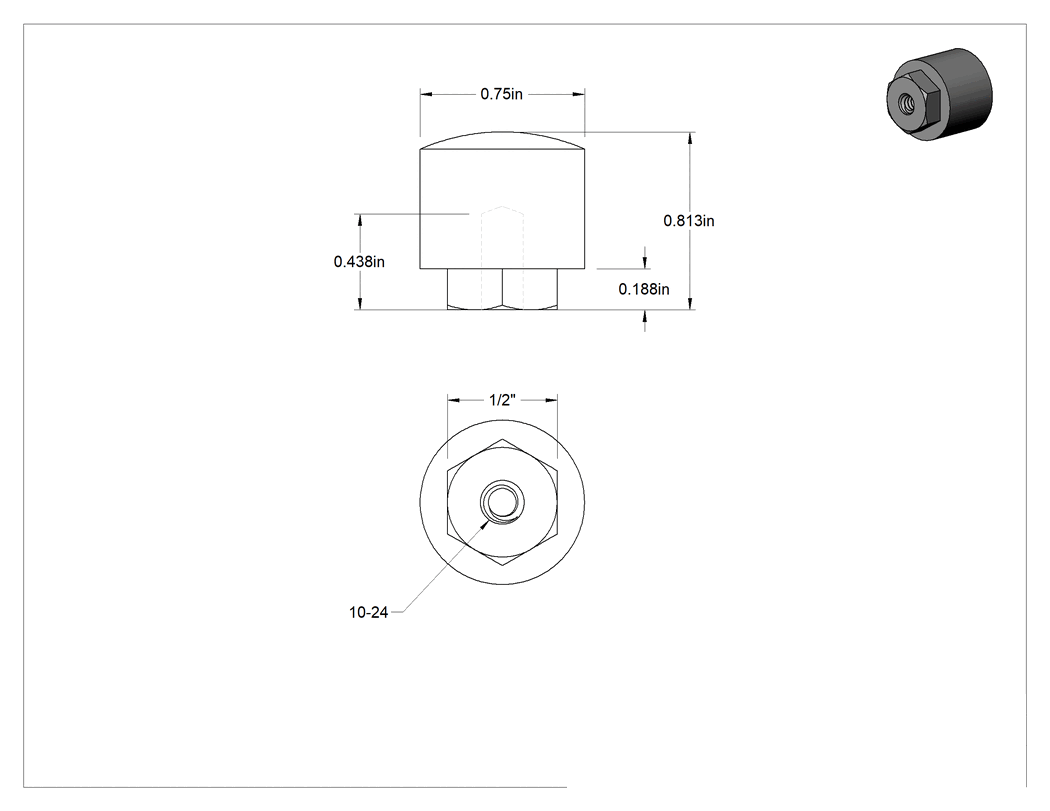 Teknik Çizim - Güçlendirilmiş Poliüretan Dişli Delikli Tampon, 10-24 Diş Boyutu, 7/16" Diş Derinliği, 3/4" Dış Çap, Durometre 80A