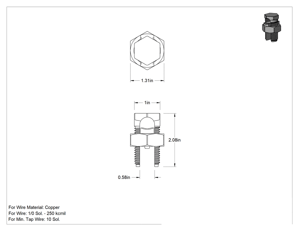 Teknik Çizim - Bölünmüş cıvata eklemesi, 1/0-250 MCM Bakır Tel için