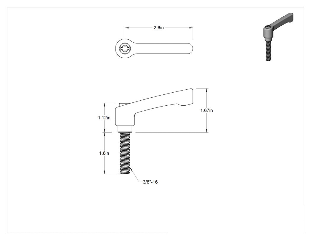 Teknik Çizim - 303 Paslanmaz Çelik Ayarlanabilir Tutamak, 3/8"-16 Dişli Boyut x 1-9/16" Uzunlukta Saplama, 2-9/16 inç Sap Uzunluğu