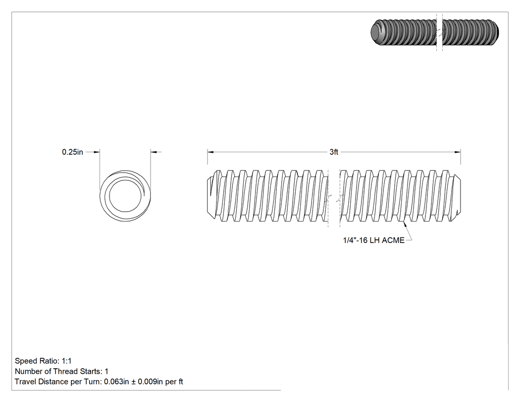 Teknik Çizim - 1018 Karbonlu Çelik Hassas Acme Kılavuz Vida, Sol Yönlü, 1/4"-16 Diş Boyutu, 3 Fit Uzunluk