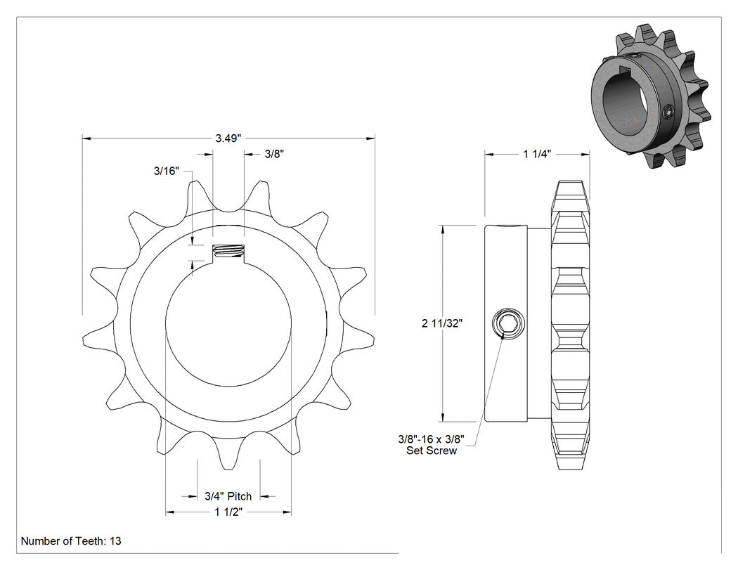 Teknik Çizim - Çelik Tek Sıralı Dişli, ANSI 60 Makaralı Zincir ve 1-1/2" Mil Çapı için, 13 Diş