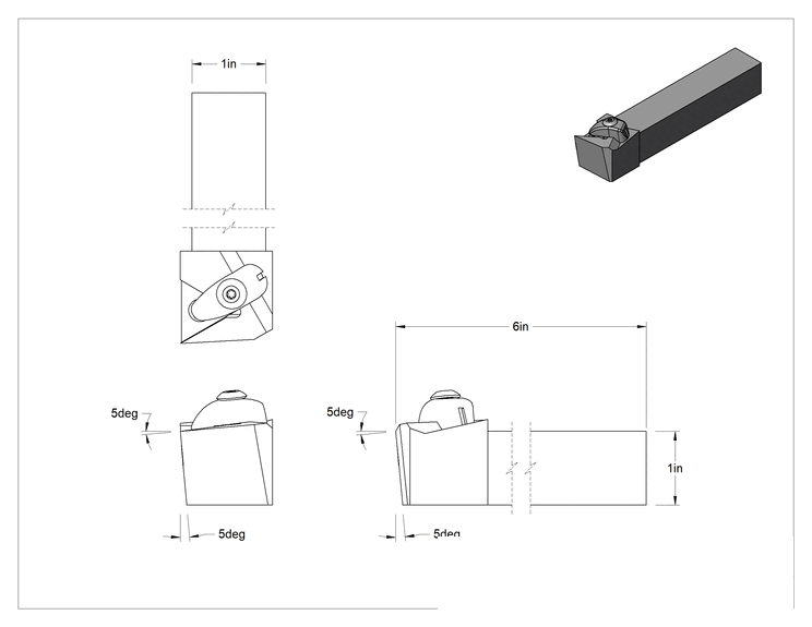 Teknik Çizim - Döner Karbür Uç Tutucu, Dtgn, Sol Yönlü, 1/2" iç çaplı daire çapı için, 1" Şaft Genişliği