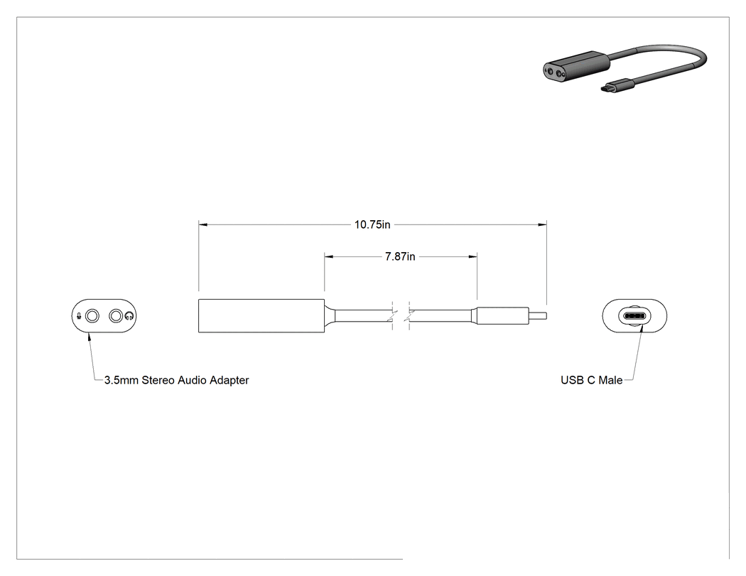 Teknik Çizim - USB Adaptörü, USB C Fiş x 1/8" Ses Soketi, 8" Uzunluk Kordon