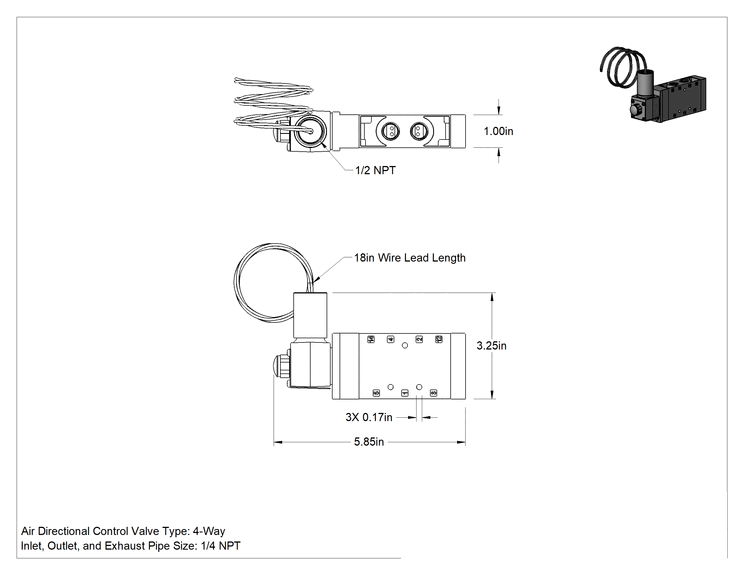 Teknik Çizim - Elektrikli Hava Yön Kontrol Vanası, Tehlikeli Ortam, 5/2 Akış Şeması, 1/4 NPT, 24V DC
