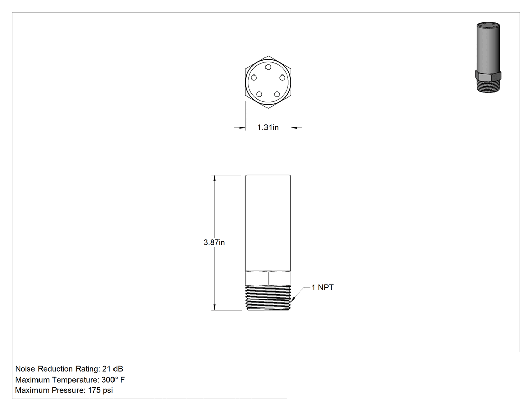 Teknik Çizim - Uç Egzoz Susturucusu, 1 NPT Erkek