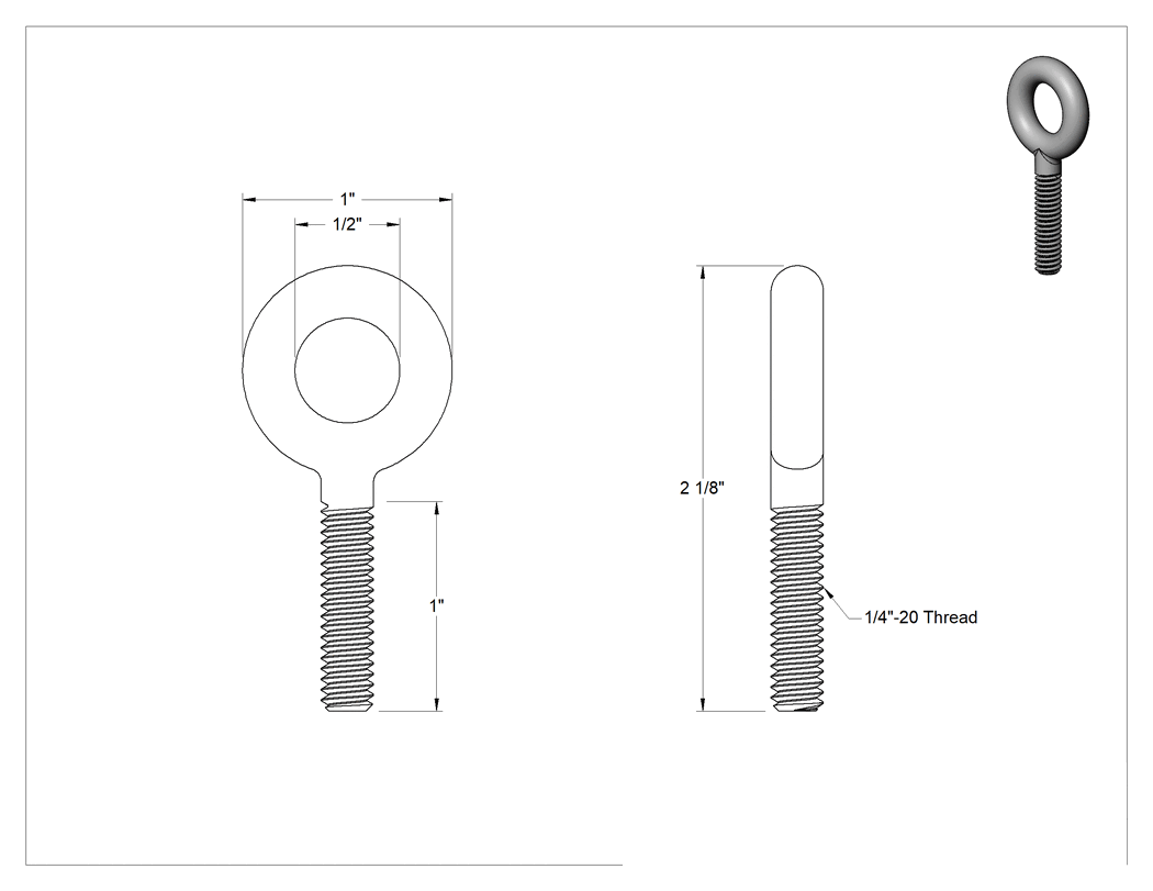 Teknik Çizim - Fiberglas Yönlendirme Halka Cıvatası, Omuz Yok - Kaldırma İçin Değil, 1/4"-20 Boyut x 1" Uzunlukta Diş