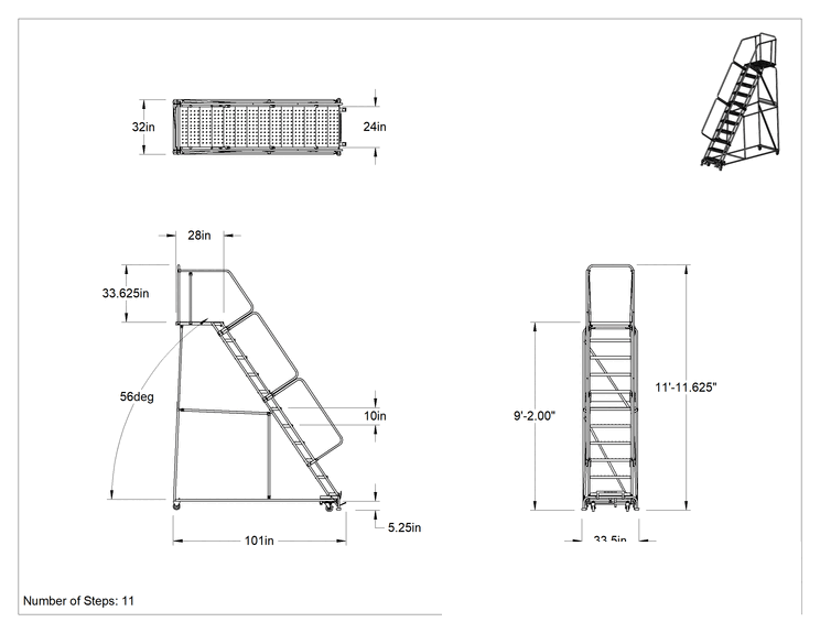 Teknik Çizim - Yuvarlanan Delikli Platform Merdiveni, Montajlanmamış, 11 Basamak, 9'2" Yükseklik x 28" Derinlik Platform