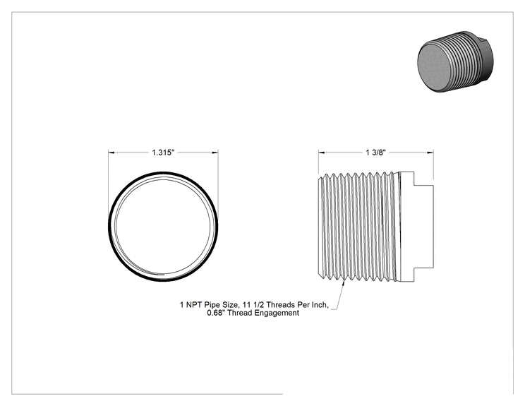 Teknik Çizim - Fiş, Kimyasallar için Yüksek Sıcaklık PTFE Boru için 1/8 NPT Erkek, 1 NPT Erkek Kimyasallar için Yüksek Sıcaklık PTFE Borusu