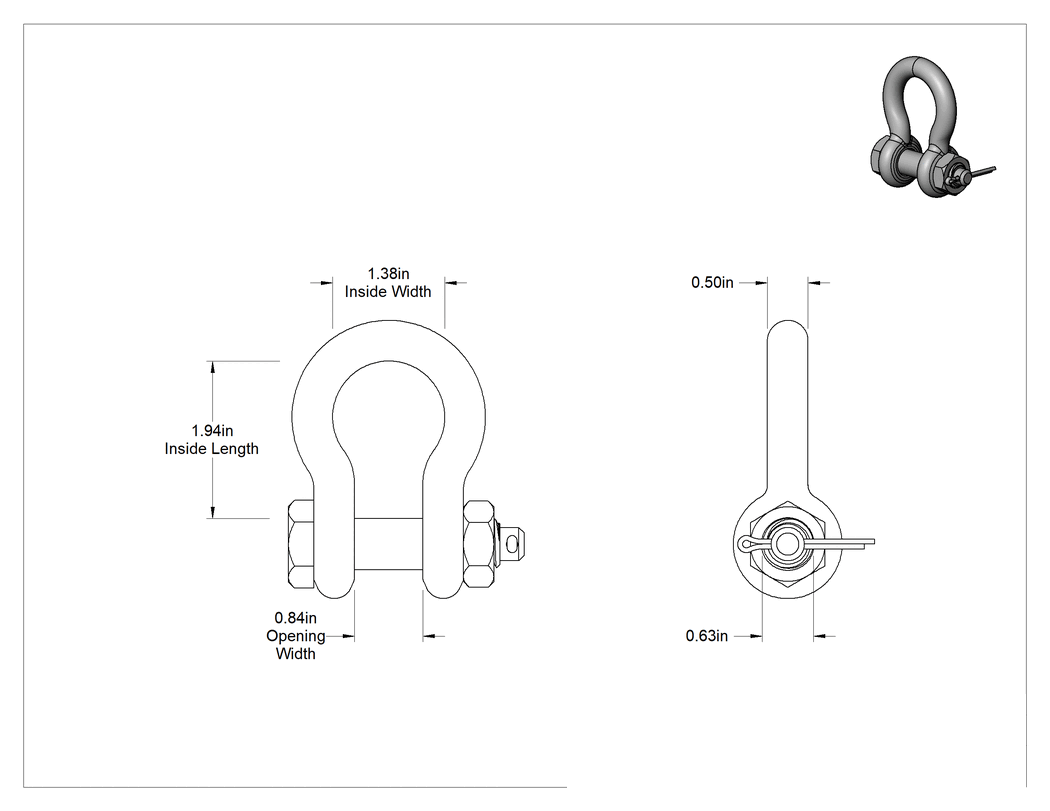 Teknik Çizim - Galvanizli Alaşımlı Çelik Şakel, Emniyet Pimli - Kaldırma için, 1/2" Kalınlık