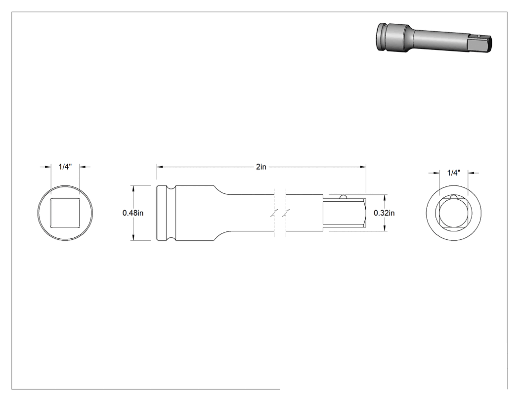 Teknik Çizim - 1/4" Kare Tahrik Darbeli Lokma Uzatma, 2" Uzunluk