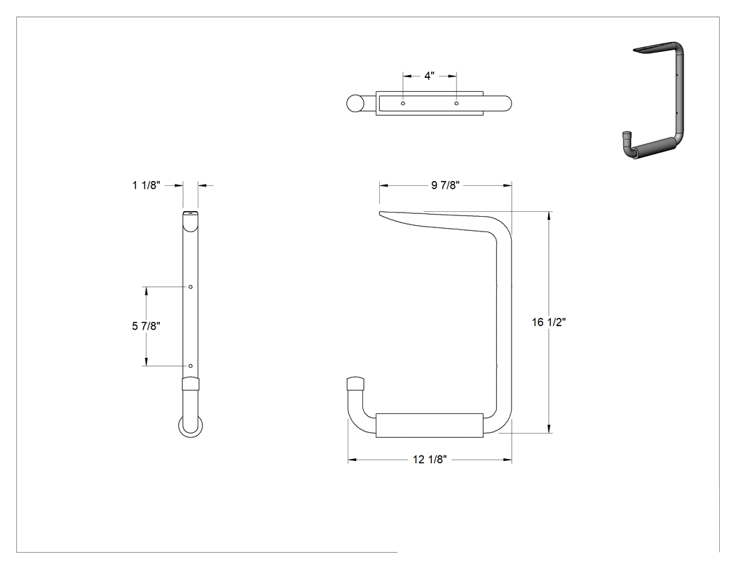 Teknik Çizim - Köpük Dolgulu Alt Montajlı Asma Kancası, 1-3/4" Genişlik x 16-1/2" Yükseklik x 12-1/8" Derinlik