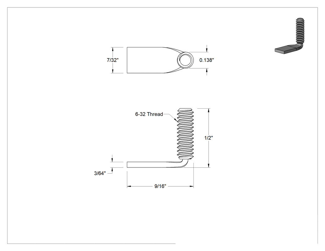 Teknik Çizim - Çelik Dik Açı Kaynak Saplamaları, 6-32 Diş, 1/2" Uzunluk