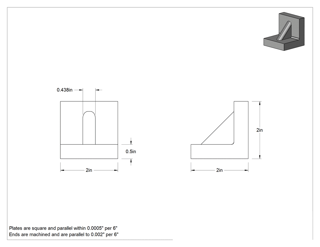 Teknik Çizim - Sıkı Toleranslı Açı Plakası, 2" Uzunluk x 2" Genişlik x 2" Yükseklik