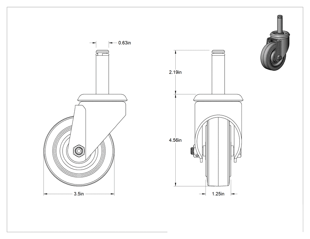 Teknik Çizim - Sürtünmeli Tutuşlu Mil Dönüşlü Tekerlek, Kavrama Halkası ve 3-1/2" Çapında 65A Kauçuk Tekerlekli