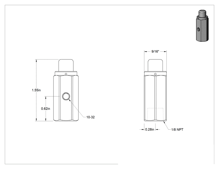 Teknik Çizim - Pirinç Gövdeli Hızlı Çalışan Kompakt Açma/Kapama Valfi, Nikel Kaplı, Düğme, 1/8 NPT Dişi x 10-32 UNF Dişi