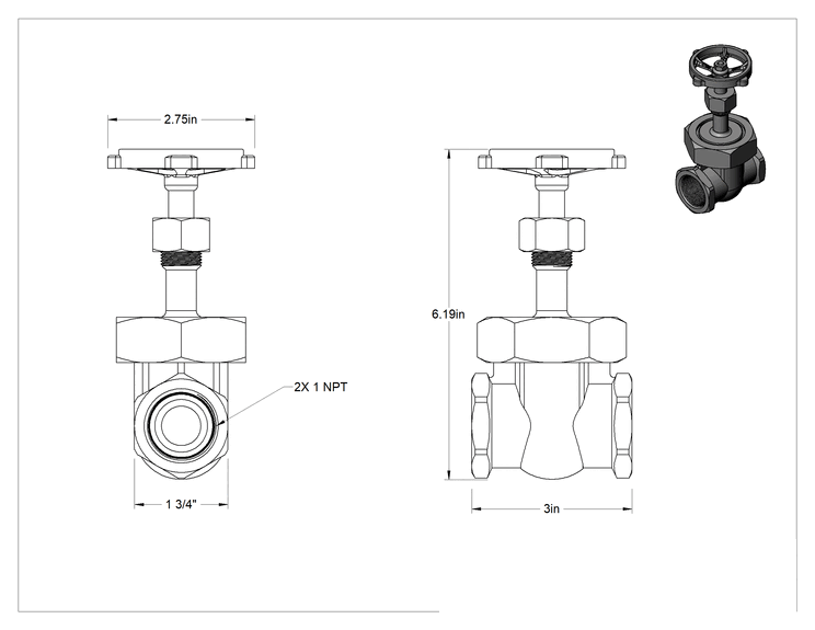 Teknik Çizim - Bronz Gövde ve Sürgülü Kademeli Açma/Kapama Vanası, Tekerlek Kolu ve Yükselmeyen Mil, Sınıf 300, 1 NPT Dişi