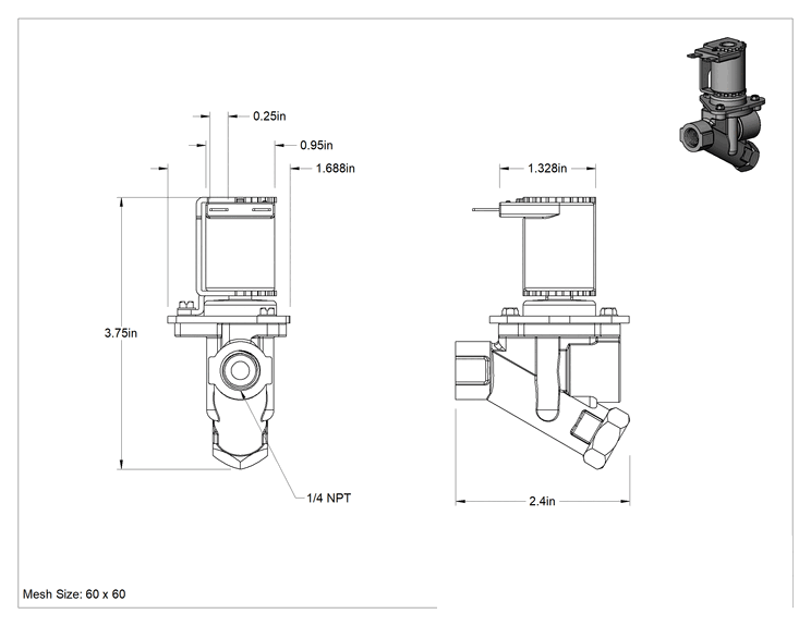 Teknik Çizim - Kolay Erişilebilir Süzgeçli Solenoid Açma/Kapama Vanası, Deterjan için, 24V AC, 1/4 NPT Dişi
