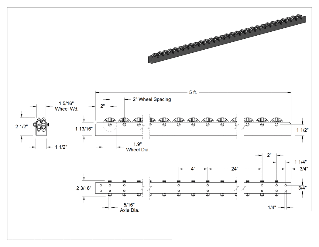 Teknik Çizim - Çok Yönlü Akış Rayı, 5 Fit Uzunluk, 2" Tekerlek Aralığı