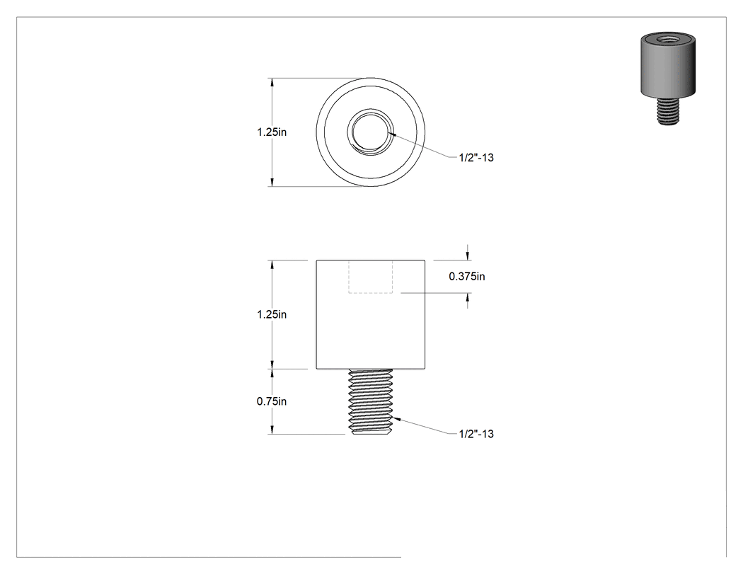 Teknik Çizim - Neopren Titreşim Sönümleyici Sandviç Montaj, 1/2"-13 Çinko Kaplı Çelik Saplama ve Çelik Ek Parça, 80 lbs. Kapasite