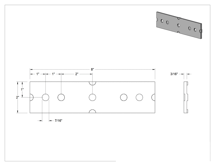 Teknik Çizim - Cıvatalı Çerçeveleme için 8" x 2" Uzatılmış Düz Yüzey Braketi