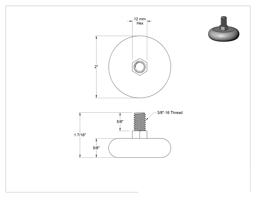 Teknik Çizim - Naylon Tabanlı Sert Seviyelendirme Montaj Parçası, 5/8" Uzunlukta 3/8"-16 Galvanizli Çelik Dişli Saplamalı