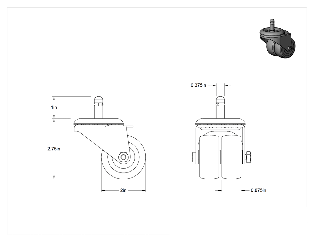 Teknik Çizim - Tutuş Halkalı Sürtünmeli Tutuşlu Saplı Tekerlek, 2" Çaplı 90A Kauçuk Tekerlekli Döner, 3/8" Mil Çapı