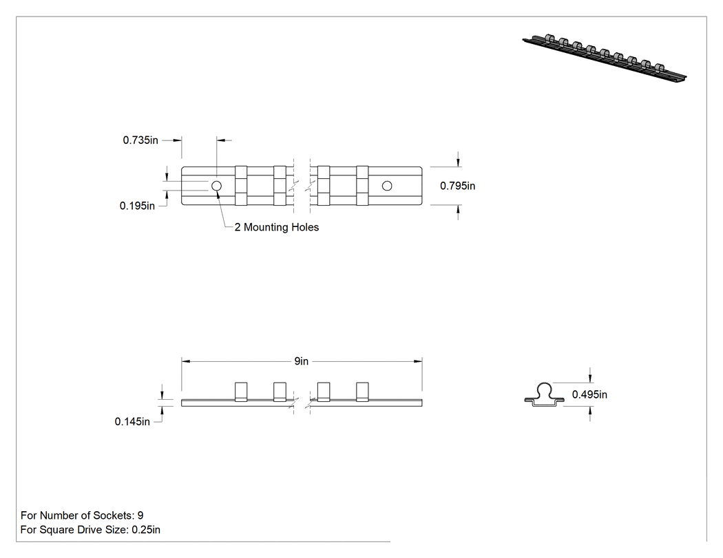 Teknik Çizim - Klipsli Ray Soket Düzenleyici, Dokuz adet 1/4" Kare Tahrik Soketi için