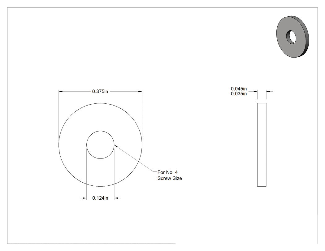 Teknik Çizim - PTFE Plastik Pul, 4 Numaralı Vida Boyutu için, 0.124" İç Çap, 0.375" Dış Çap