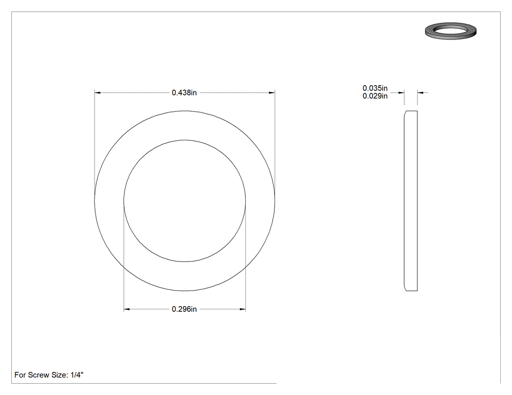 Teknik Çizim - Siyah Oksit 18-8 Paslanmaz Çelik Mil. Spes. Pul, 1/4" Vida Boyutu için, 0.296" İç Çap, 0.438" Dış Çap, MS15795-854B