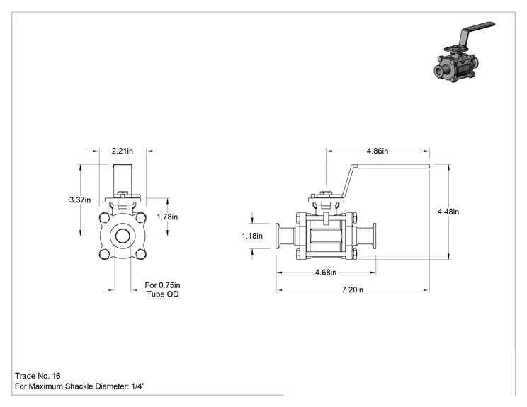 Teknik Çizim - Ultra Yüksek Vakum Bağlantı Parçalı On/Off Valf, Valf Anma Numarası 16, 3/4" Dış Çaplı Boru için