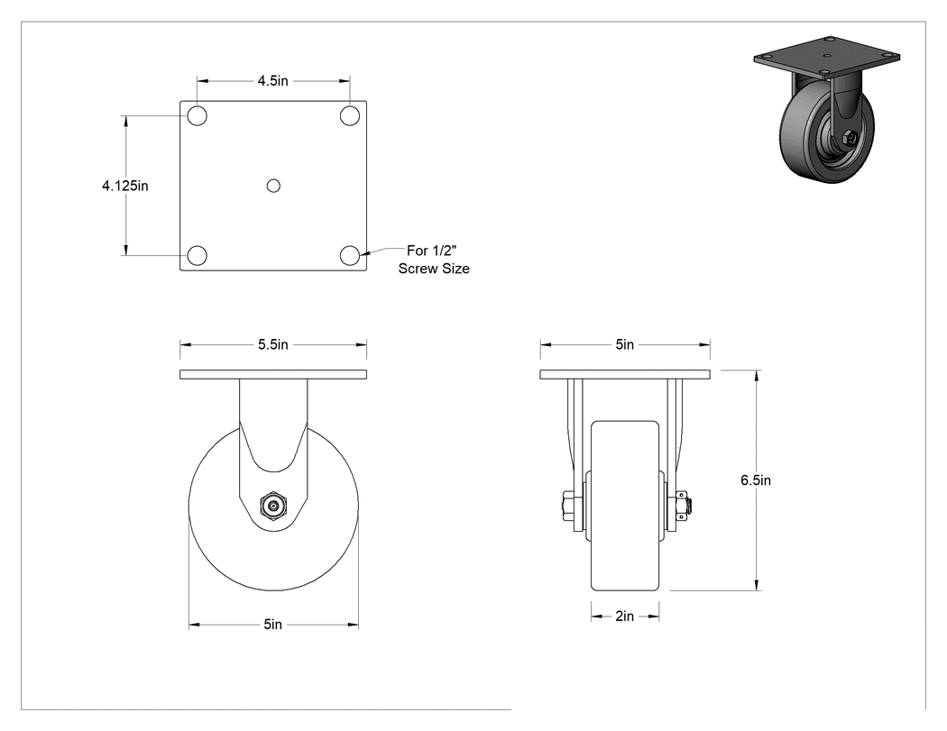 Teknik Çizim - 5-1/2" x 5" Plakalı Yüksek Kapasiteli Spartan Tekerlek, 5" Çapında Fenolik Tekerlekli Sert