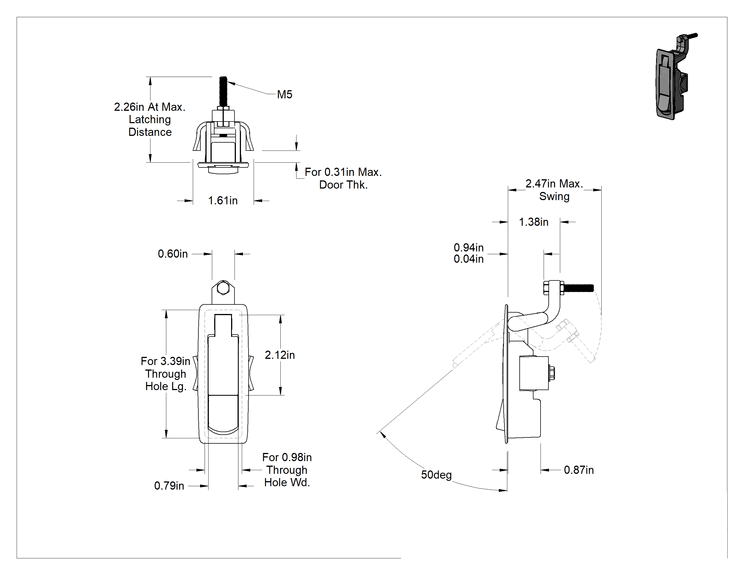 Teknik Çizim - Yıkanabilir Basma Düğmeli Sıkı Tutuşlu Kam Mandalı, Kürek Saplı, 1/16"-15/16" Mandal Mesafesi, Krom Kaplama