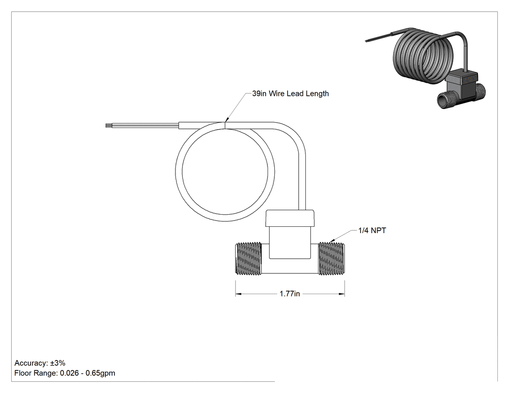 Teknik Çizim - Akış Transmitteri, Türbin Akışı, Poliamid, 1/4 NPT Erkek, 0.026-0.65GPM