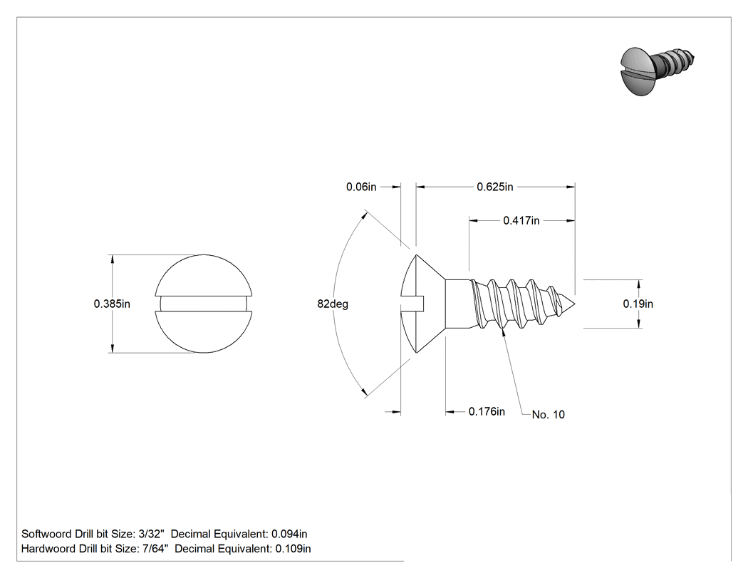 Teknik Çizim - Ahşap için Yivli Oval Başlı Vidalar, 18-8 Paslanmaz Çelik, 10 Numaralı Boyut, 5/8" Uzunluk