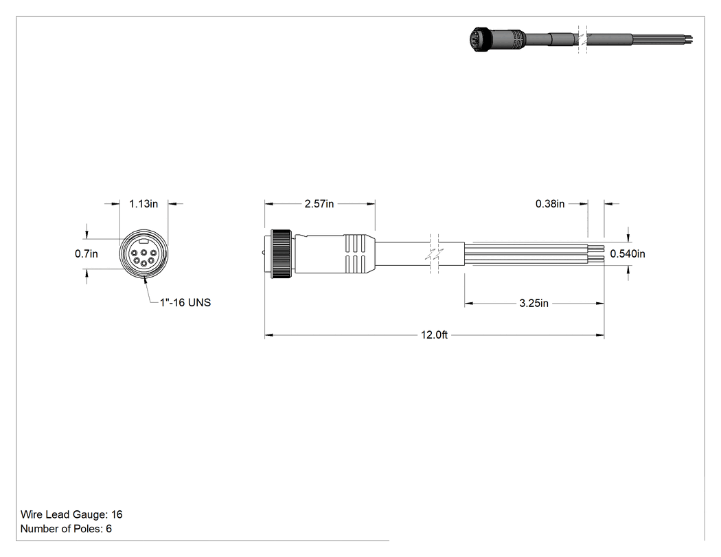 Teknik Çizim - Mini Konektör, Fiş, İç Diş, 6 Kutuplu, 0.7 inç Yüz Çapı, 12' Kablo