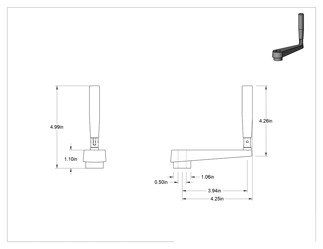 Teknik Çizim - Alüminyum Dişsiz Delikli Montajlı Krank Kolu, Dönen/Katlanabilir Tutamak, Siyah, 4-1/4" Sap Uzunluğu
