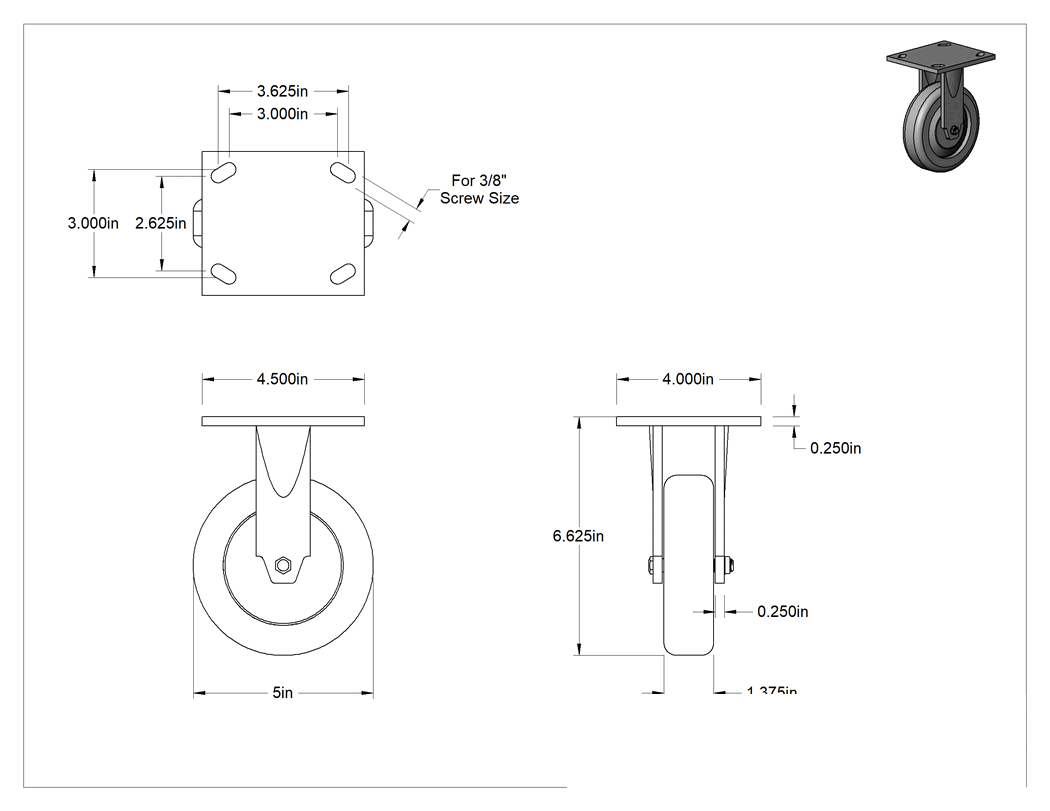 Teknik Çizim - 4-1/2" x 4" Plakalı Parlak Yüzeyli Tekerlek, 5" Çapında Kauçuk Tekerlekli Sert