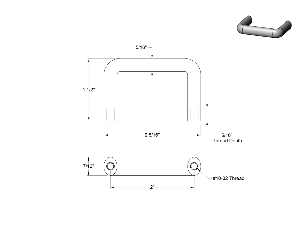 Teknik Çizim - Dişli Delikli Montajlı Oval Çekme Kolu, Mat Alüminyum, 2" Merkezden Merkeze Genişlik