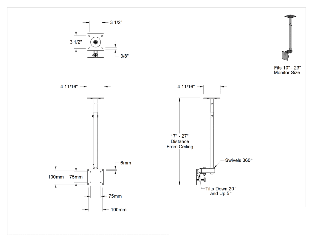 Teknik Çizim - Monitör Tavan Montajı, 10" ila 23" Düz Panel Monitör için