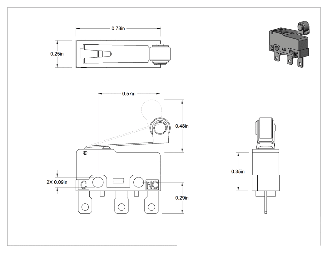 Teknik Çizim - Subminyatür Anında Çalışan Anahtar, Makara Kolu, Tırnaklı Terminaller, SPDT, 0.1A @ 125V AC