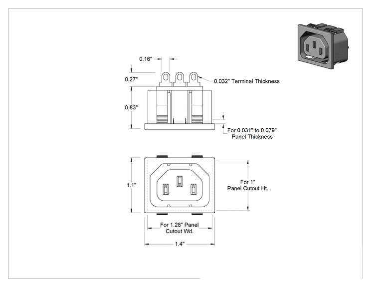 Teknik Çizim - IEC Konektör, Çıtçıtlı Dişi, C13, 0.031"-0.079" Panel Kalınlığı