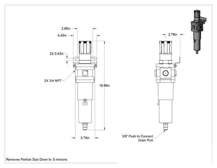 Teknik Çizim - SMC Modüler Basınçlı Hava Filtresi/Regülatörü, Parçacık Giderme, 60 Serisi, Naylon, 3/4 NPT Dişi