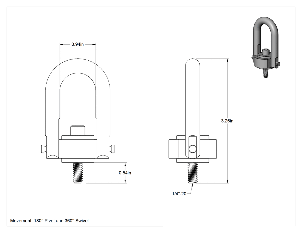 Teknik Çizim - Kaldırma için Nikel Kaplı Çelik Kaldırma Halkası, Dövme, 1/4"-20 Diş Boyutu, 3-1/4" Toplam Yükseklik