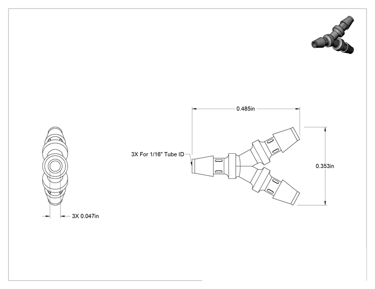 Teknik Çizim - Kimyasallarla Kullanım için Tırnaklı Bağlantı Parçası, Y-Bağlantı Elemanı, 1/16" Boru İç Çapı için, 150°F Maksimum Sıcaklık