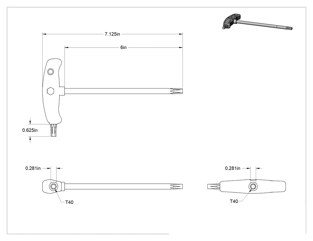 Teknik Çizim - Yüksek Kaldıraçlı Krom Kaplı Çelik T-Kolu Torx Anahtarı, T40 Tahrik Boyutu, 7-1/8" Toplam Uzunluk